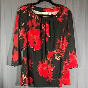 Gemmed Neckline Black & Red Floral Blouse  M